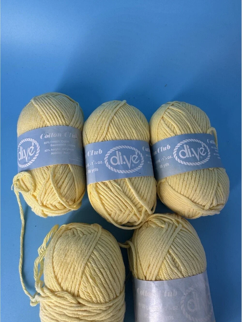 Lot 5 di.Ve Cotton Club Yarn Yellow 60% Cotton 40% Acrylic Color 15052 Lot 4456
